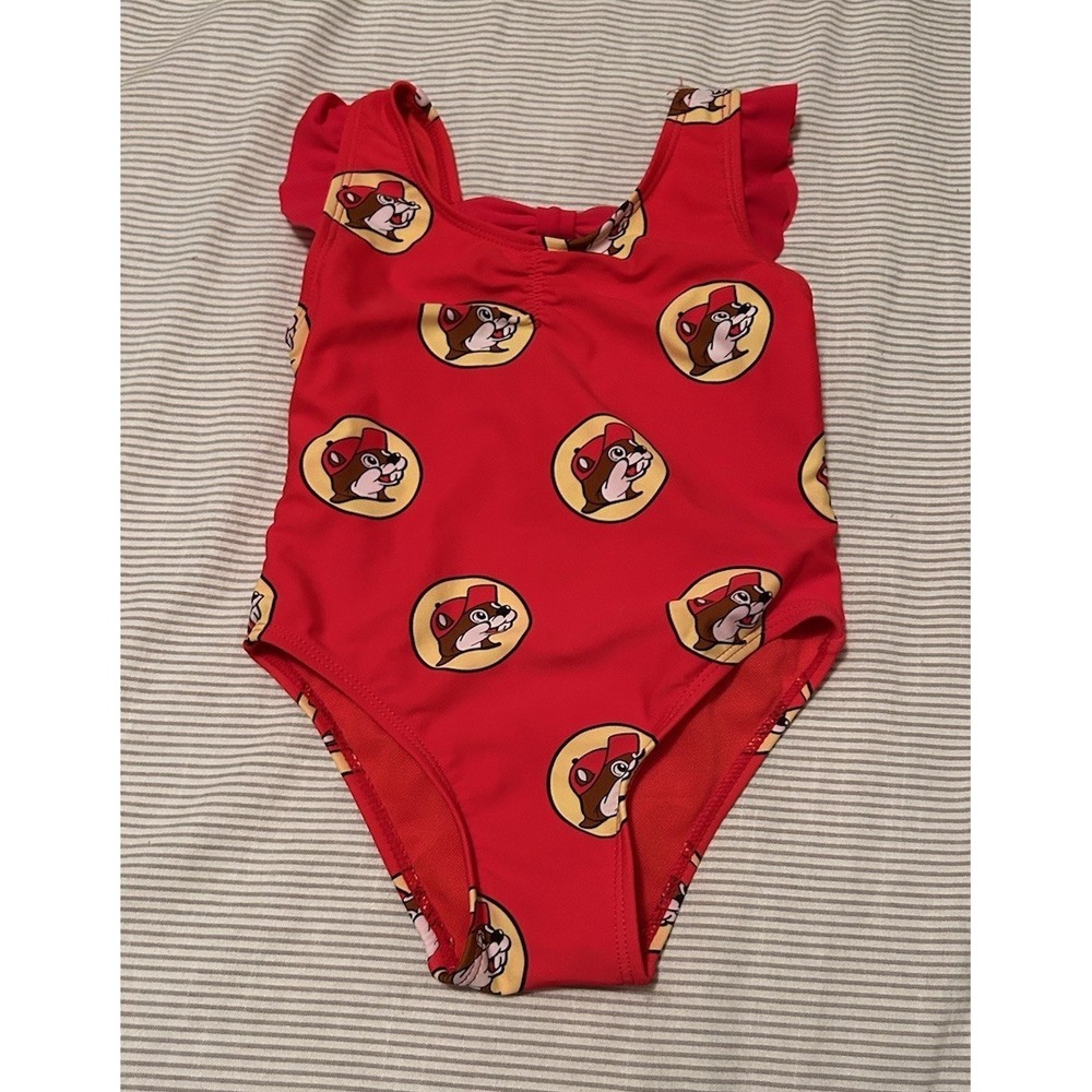 BUC-EE's 9-12 Month Girl Red One-Piece Ruffle Swimsuit Beaver Logo Baby Toddler